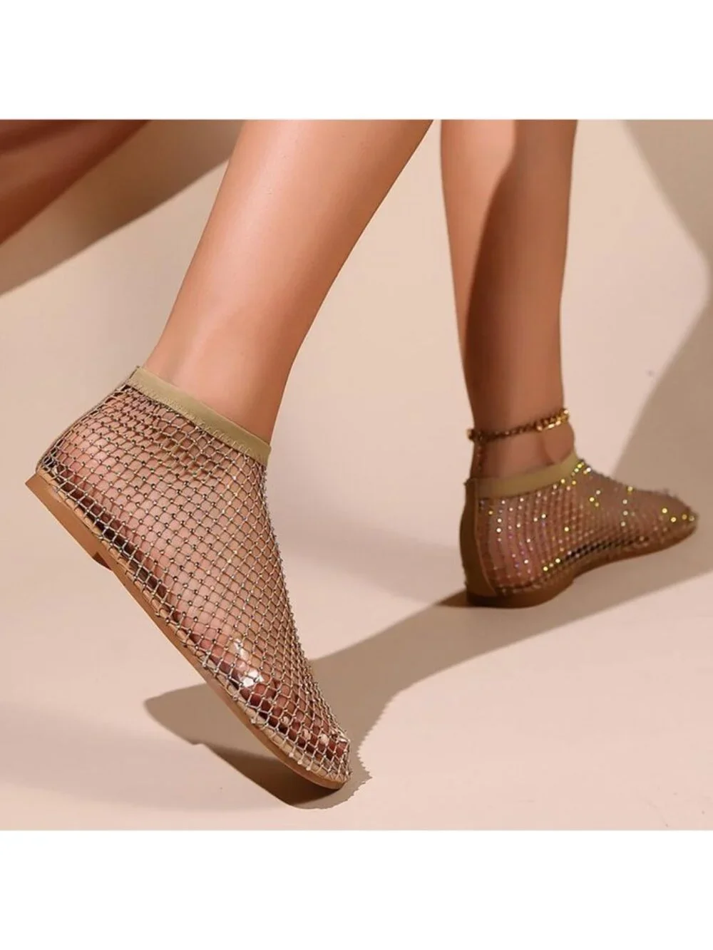Women's Gold Mesh Comfortable Fishnet Low Heel Slip on Rhinestone Flats Shoes
